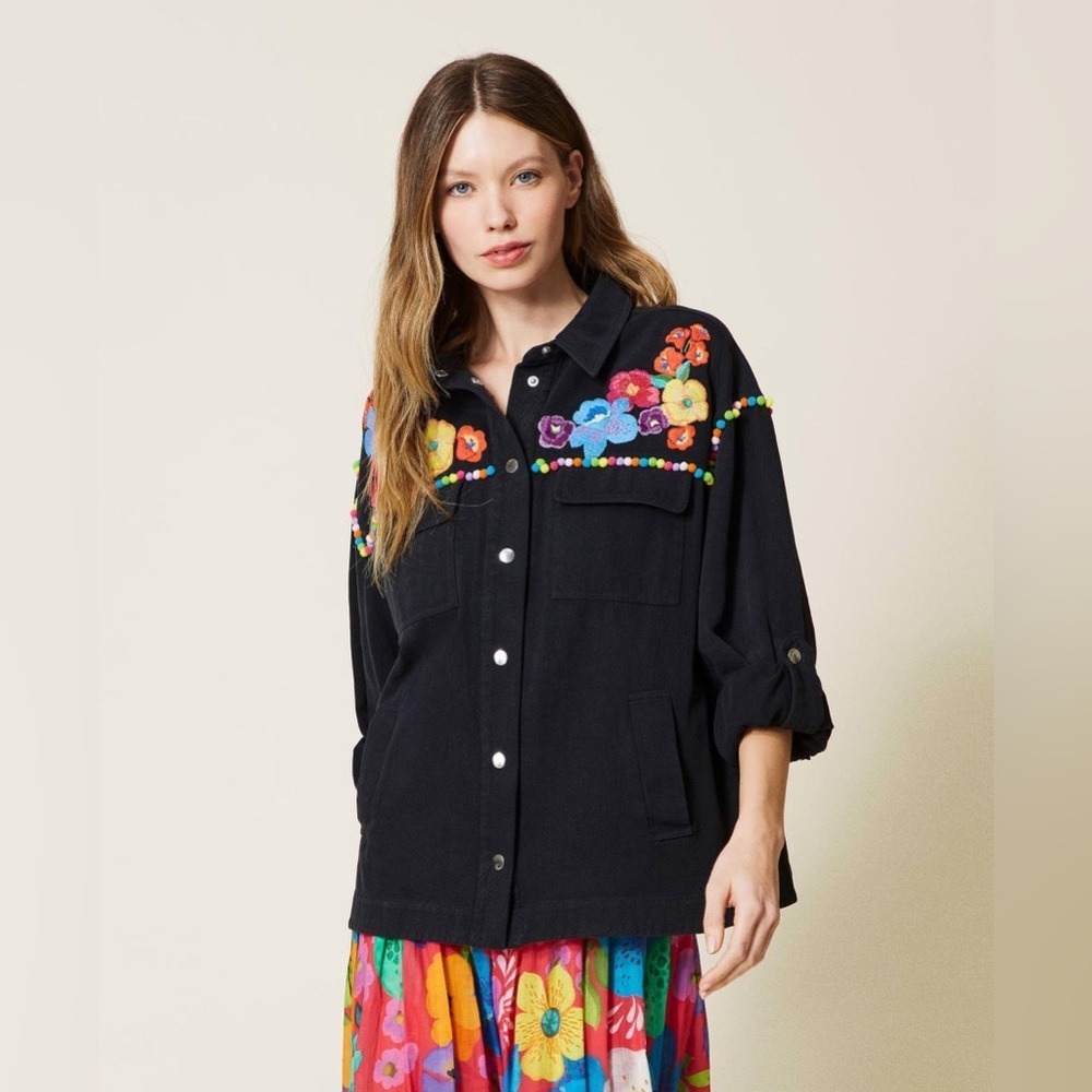 Twinset Milano Black Embroidered Floral Utility Bull Shirt Jacket IT 40 or L